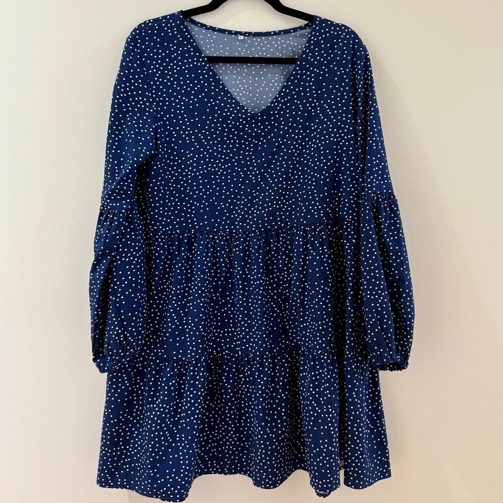 Navy Polka-dot Layered Ruffle Swing Shift Dresses - Picture 3 of 12
